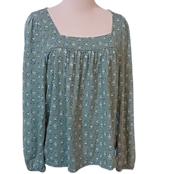 LUCKY BRAND Peasant Blouse Top Square Neck Gathers Flowy Size Large Floral Green - Picture 8 of 9